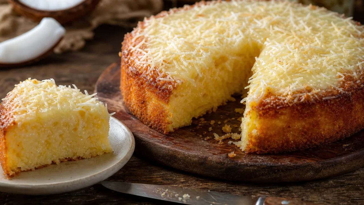 Bolo de coco com queijo fofinho e molhadinho, coberto com leite condensado e coco ralado em mesa rústica