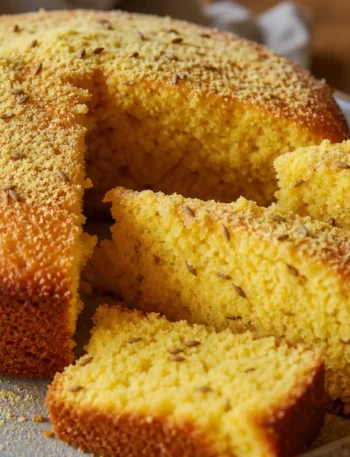 Bolo de fubá super fofinho com erva-doce e fatias douradas sobre mesa rústica
