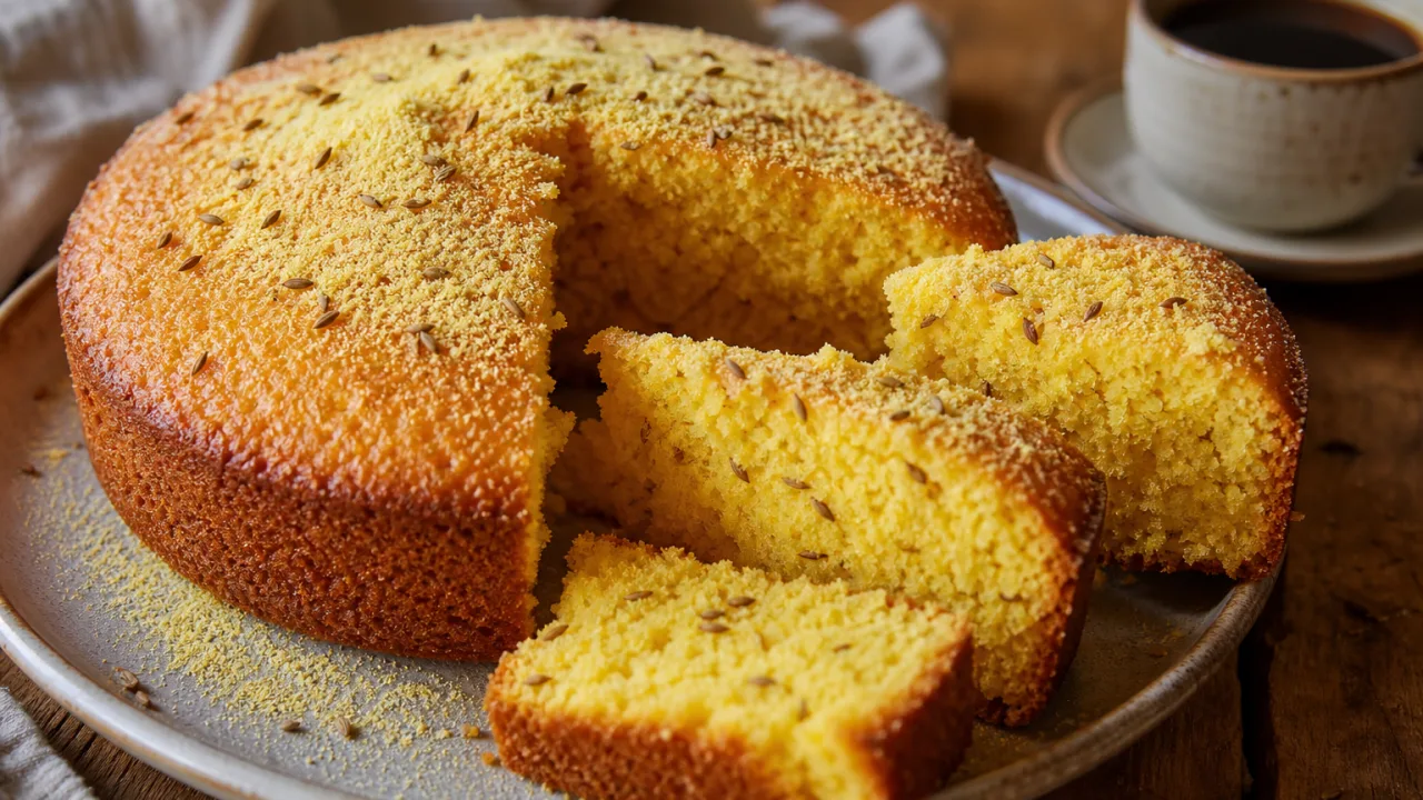 Bolo de fubá super fofinho com erva-doce e fatias douradas sobre mesa rústica