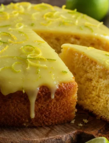Bolo de limão fofinho com cobertura cremosa e raspas de limão sobre mesa rústica