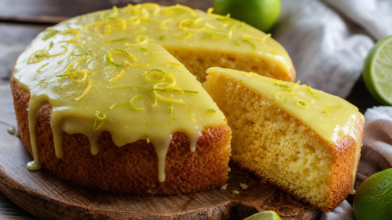 Bolo de limão fofinho com cobertura cremosa e raspas de limão sobre mesa rústica