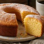 Bolo de liquidificador fofinho dourado, com textura macia e fatia servida em prato rústico.