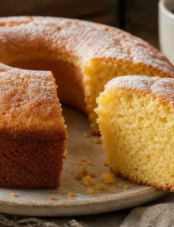 Bolo de liquidificador fofinho dourado, com textura macia e fatia servida em prato rústico.