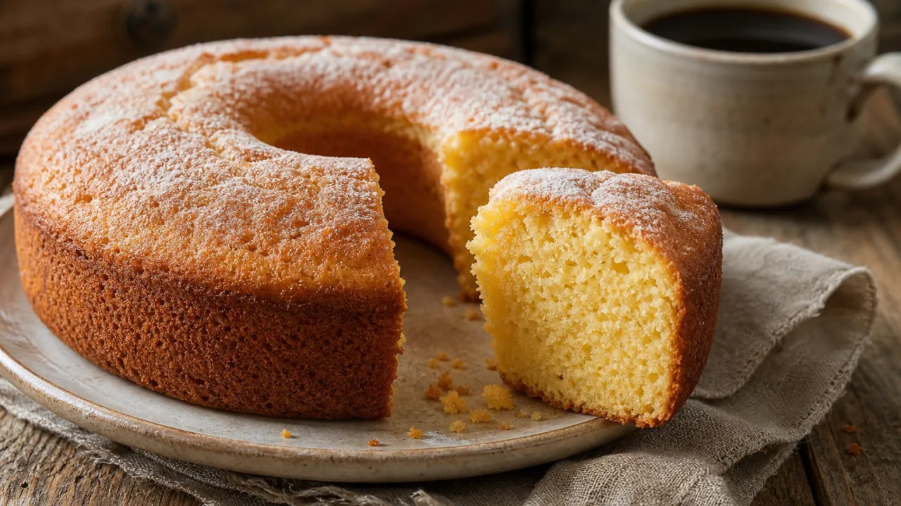 Bolo de liquidificador fofinho dourado, com textura macia e fatia servida em prato rústico.