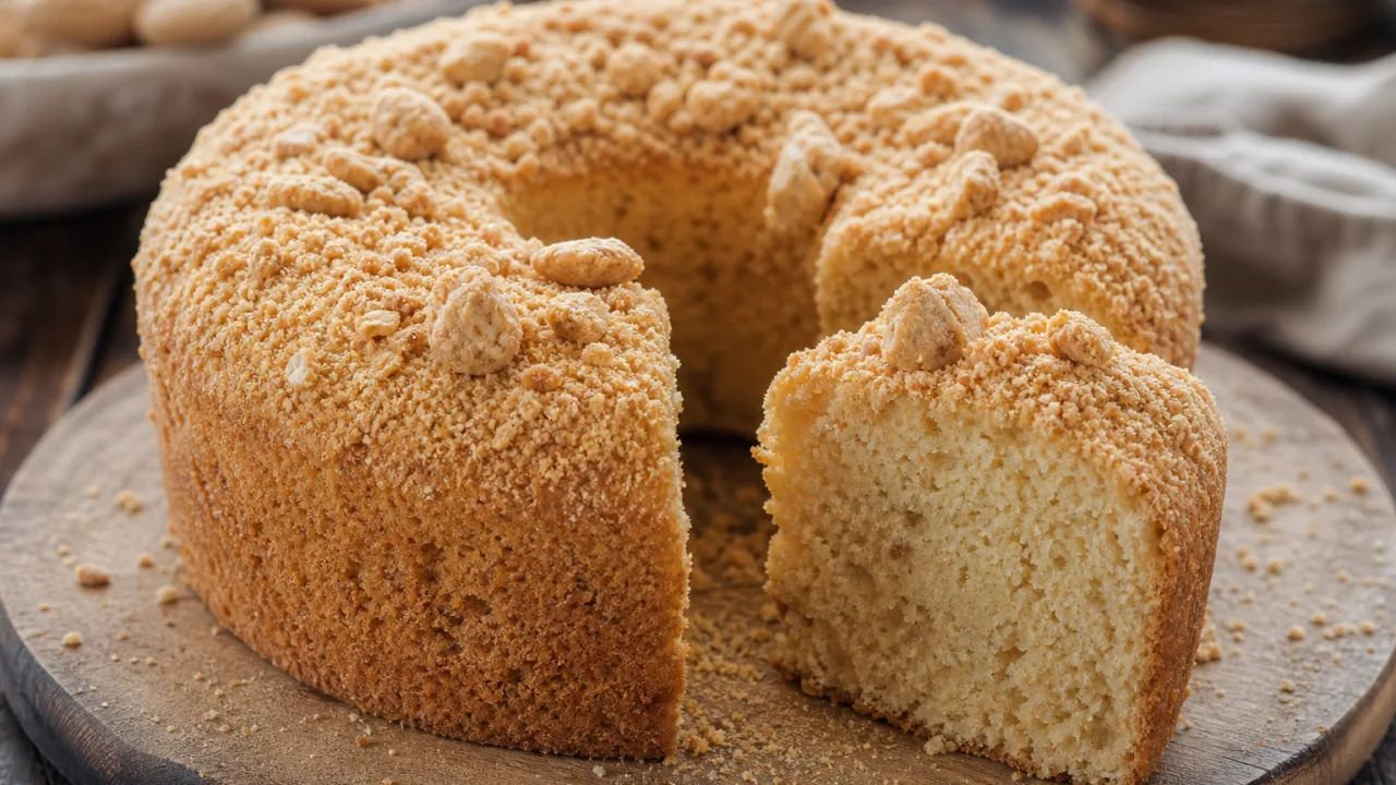 Bolo de paçoca fofinho com paçoca esfarelada por cima sobre mesa de madeira