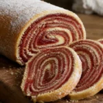 Bolo de rolo com goiabada em fatias, com camadas finas e recheio vermelho brilhante sobre mesa rústica