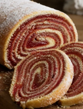 Bolo de rolo com goiabada em fatias, com camadas finas e recheio vermelho brilhante sobre mesa rústica