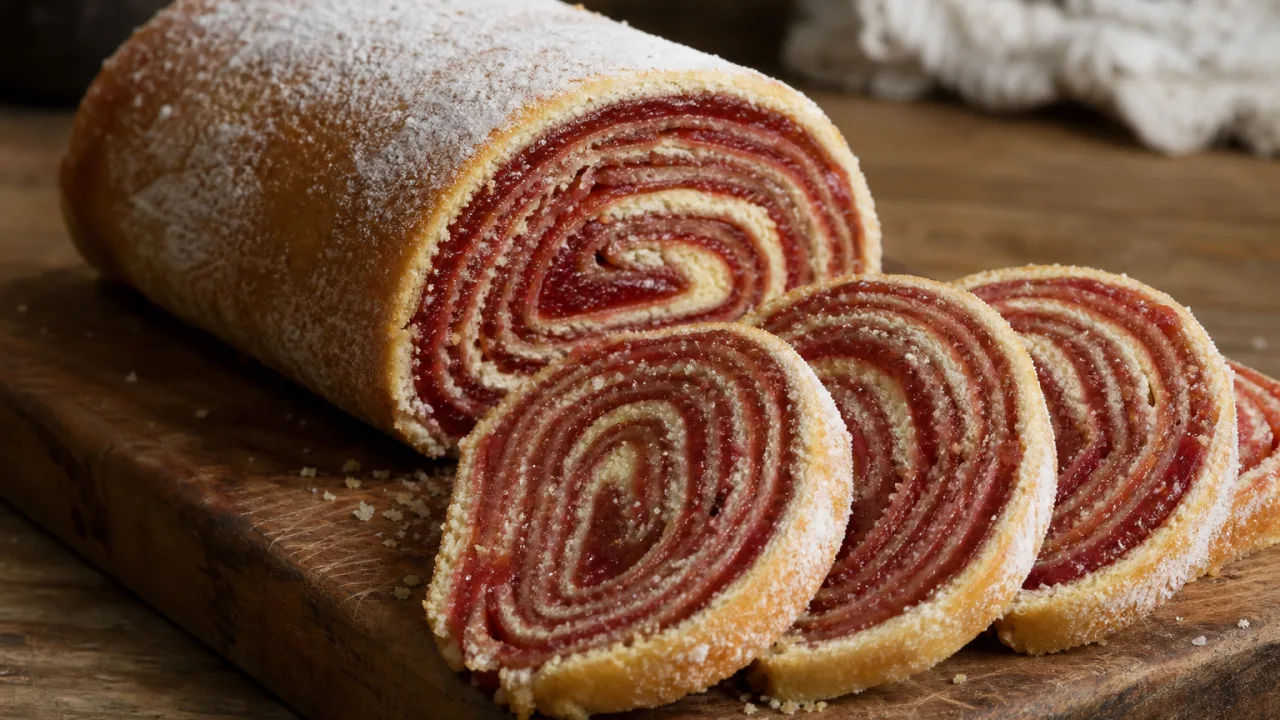 Bolo de rolo com goiabada em fatias, com camadas finas e recheio vermelho brilhante sobre mesa rústica