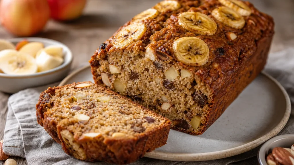 Bolo fit de banana e maçã macio, com pedaços de fruta, canela e castanha sobre mesa rústica.