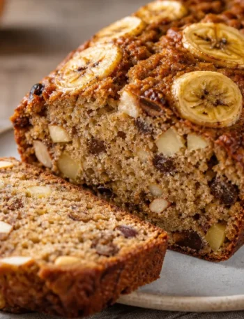 Bolo fit de banana e maçã macio, com pedaços de fruta, canela e castanha sobre mesa rústica.
