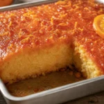Bolo de laranja com calda, fofinho e molhadinho, com pedaço servido e calda brilhante