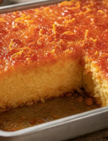 Bolo de laranja com calda, fofinho e molhadinho, com pedaço servido e calda brilhante