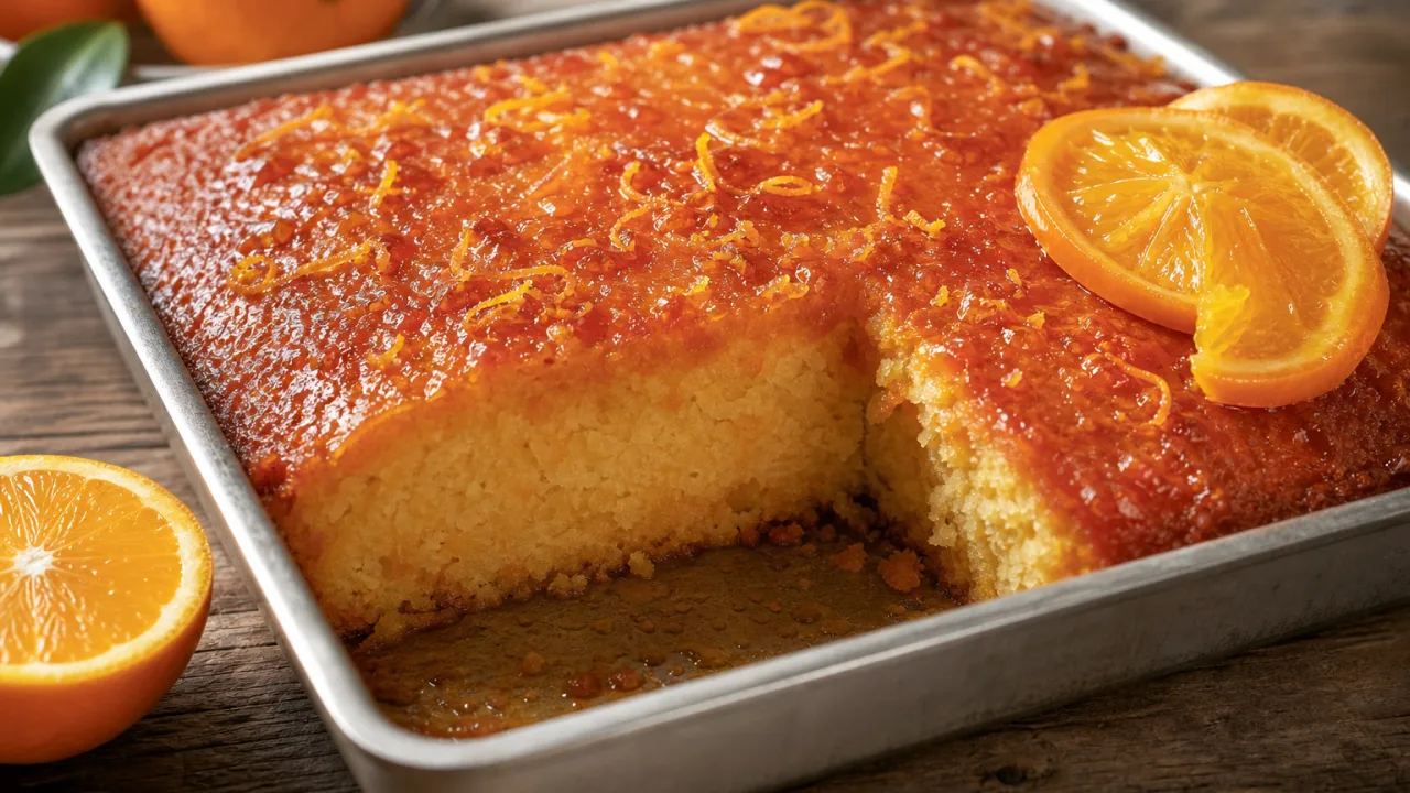 Bolo de laranja com calda, fofinho e molhadinho, com pedaço servido e calda brilhante