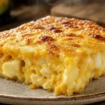 Bolo de milho cremoso com queijo douradinho e interior úmido sobre mesa de madeira