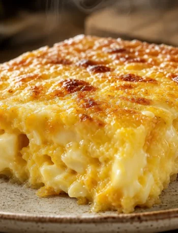 Bolo de milho cremoso com queijo douradinho e interior úmido sobre mesa de madeira