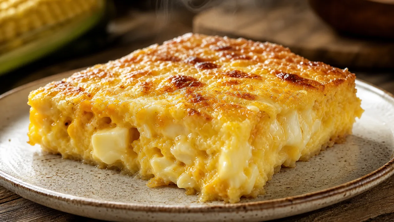 Bolo de milho cremoso com queijo douradinho e interior úmido sobre mesa de madeira