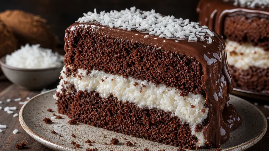 Bolo Prestígio caseiro fofo com recheio de coco cremoso e cobertura de chocolate brilhante
