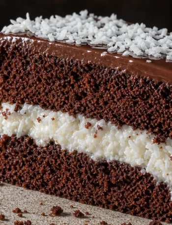 Bolo Prestígio caseiro fofo com recheio de coco cremoso e cobertura de chocolate brilhante