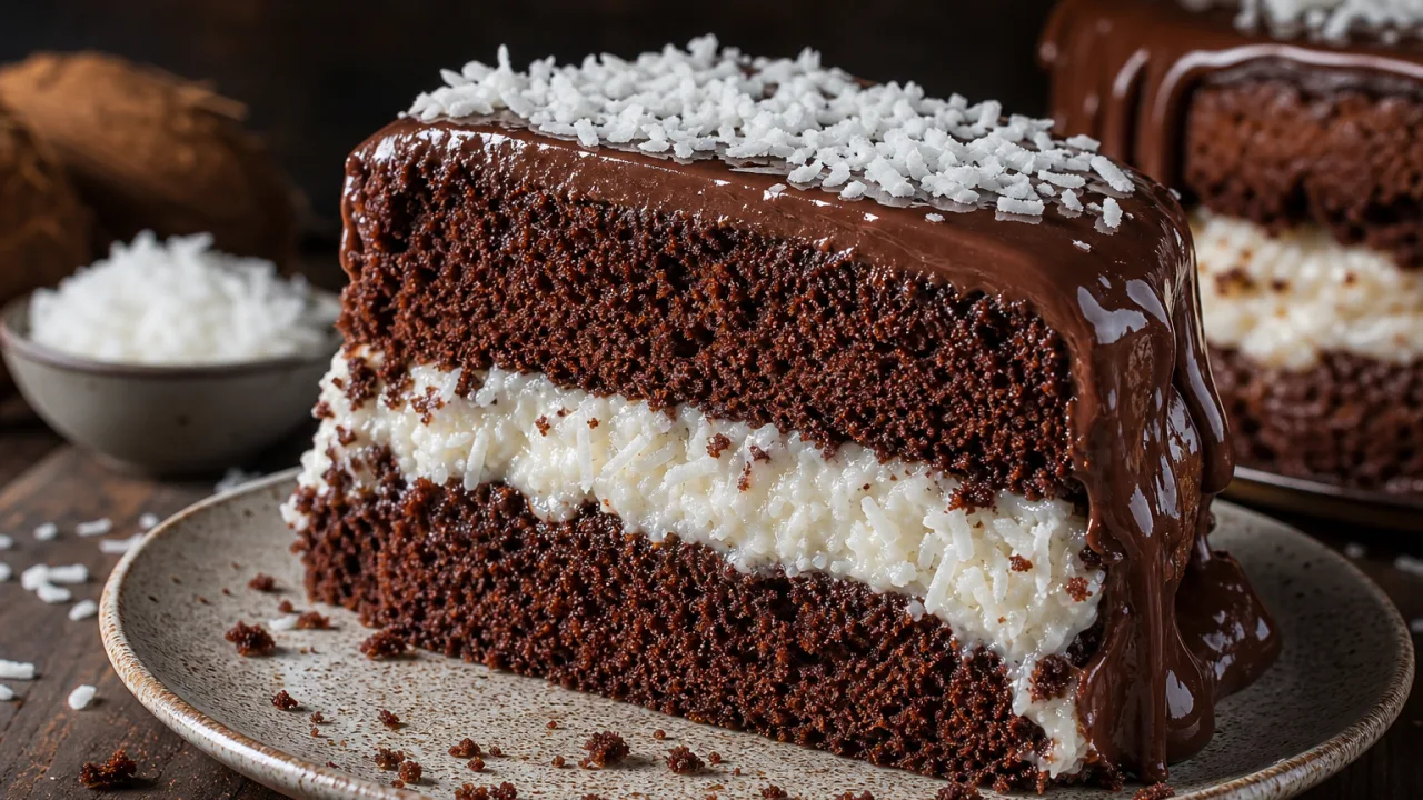Bolo Prestígio caseiro fofo com recheio de coco cremoso e cobertura de chocolate brilhante