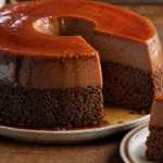 Bolo pudim de chocolate com caramelo brilhante e camadas cremosas sobre mesa rústica