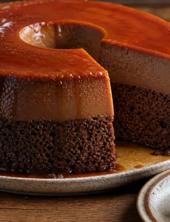 Bolo pudim de chocolate com caramelo brilhante e camadas cremosas sobre mesa rústica