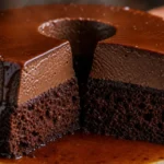 Bolo pudim de chocolate com duas camadas, calda de caramelo brilhante e textura cremosa sobre mesa rústica