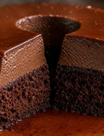 Bolo pudim de chocolate com duas camadas, calda de caramelo brilhante e textura cremosa sobre mesa rústica
