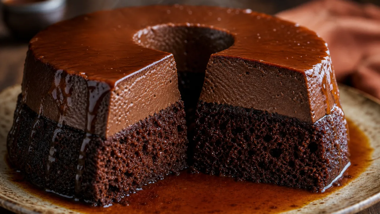 Bolo pudim de chocolate com duas camadas, calda de caramelo brilhante e textura cremosa sobre mesa rústica