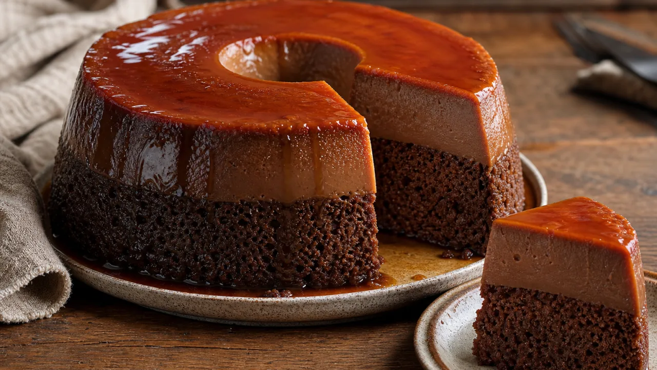 Bolo pudim de chocolate com caramelo brilhante e camadas cremosas sobre mesa rústica
