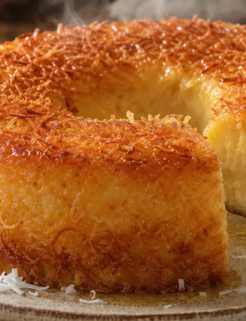 Bolo pudim de coco super cremoso com cobertura dourada de coco e fatia mostrando textura macia