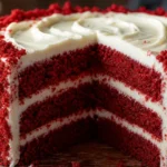Bolo red velvet tradicional com três camadas, recheio de cream cheese e acabamento de farelos sobre mesa rústica