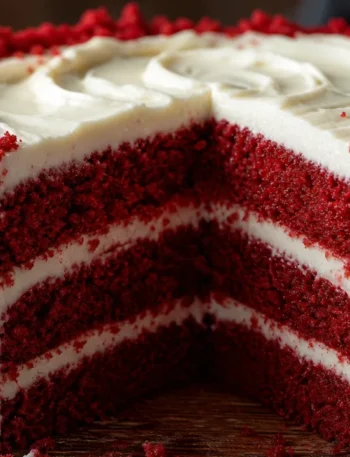 Bolo red velvet tradicional com três camadas, recheio de cream cheese e acabamento de farelos sobre mesa rústica