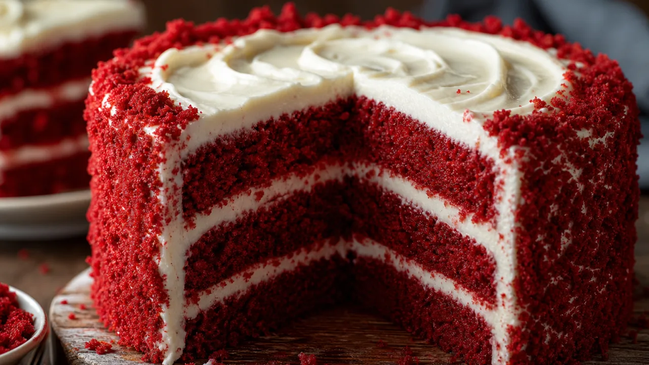 Bolo red velvet tradicional com três camadas, recheio de cream cheese e acabamento de farelos sobre mesa rústica