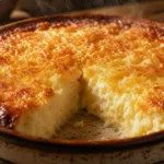 Bombocado cremoso e dourado com coco ralado, servido em travessa rústica sobre mesa de madeira