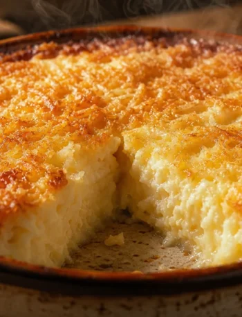Bombocado cremoso e dourado com coco ralado, servido em travessa rústica sobre mesa de madeira