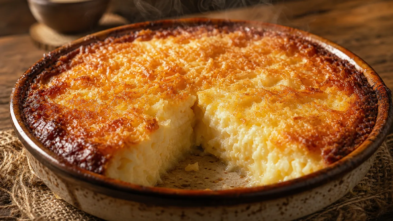 Bombocado cremoso e dourado com coco ralado, servido em travessa rústica sobre mesa de madeira