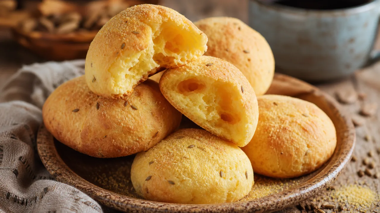 Broa de fubá airosa douradinha, macia por dentro e perfeita para acompanhar café