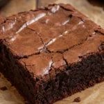 Brownie de achocolatado com casquinha perfeita e interior úmido sobre mesa rústica