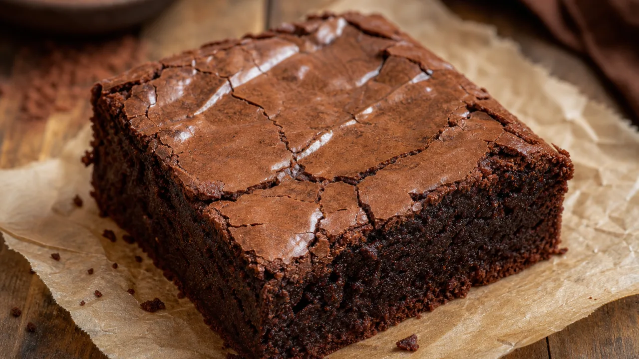 Brownie de achocolatado com casquinha perfeita e interior úmido sobre mesa rústica