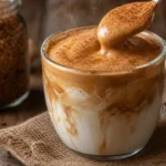 Café cremoso caseiro com canela em uma caneca de vidro sobre mesa de madeira