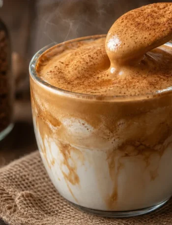 Café cremoso caseiro com canela em uma caneca de vidro sobre mesa de madeira