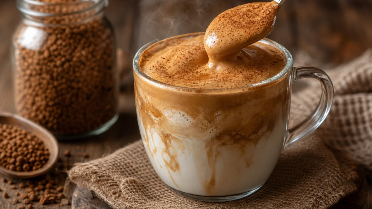 Café cremoso caseiro com canela em uma caneca de vidro sobre mesa de madeira