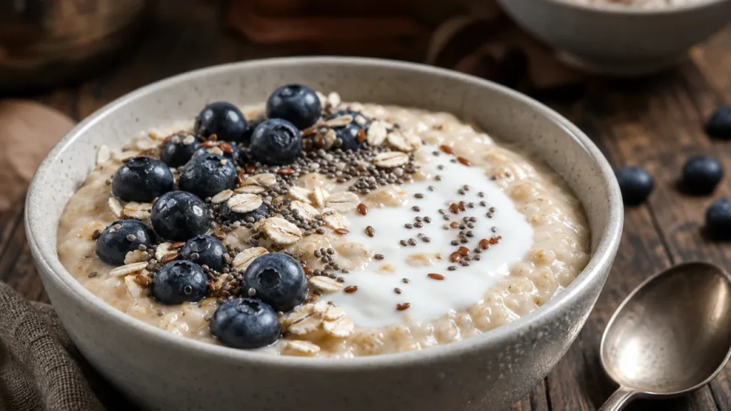 Café da manhã cremoso com aveia, iogurte, mirtilos, chia e linhaça em tigela rústica