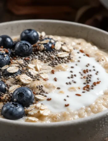 Café da manhã cremoso com aveia, iogurte, mirtilos, chia e linhaça em tigela rústica