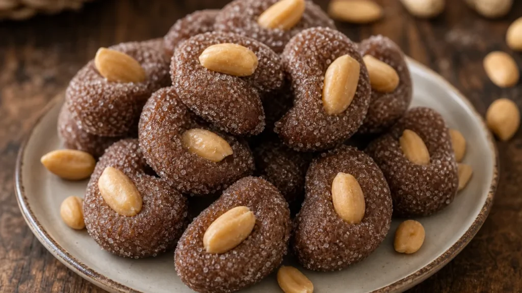 Cajuzinho de festa tradicional com açúcar refinado e amendoim por cima em prato rústico