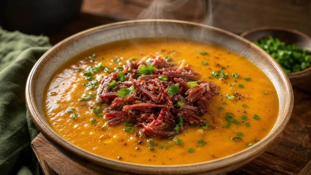 Caldo de abóbora cremoso com carne seca em tigela rústica, com salsinha e cebolinha frescas