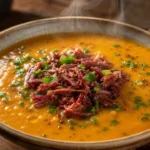 Caldo de abóbora cremoso com carne seca em tigela rústica, com salsinha e cebolinha frescas