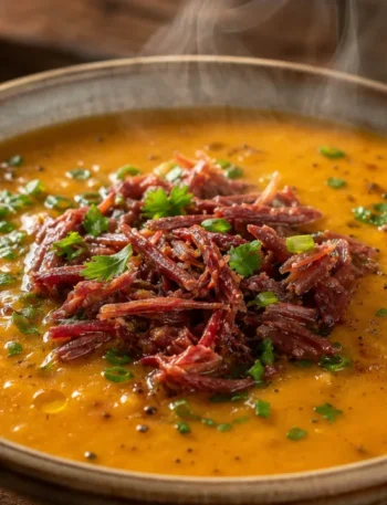 Caldo de abóbora cremoso com carne seca em tigela rústica, com salsinha e cebolinha frescas