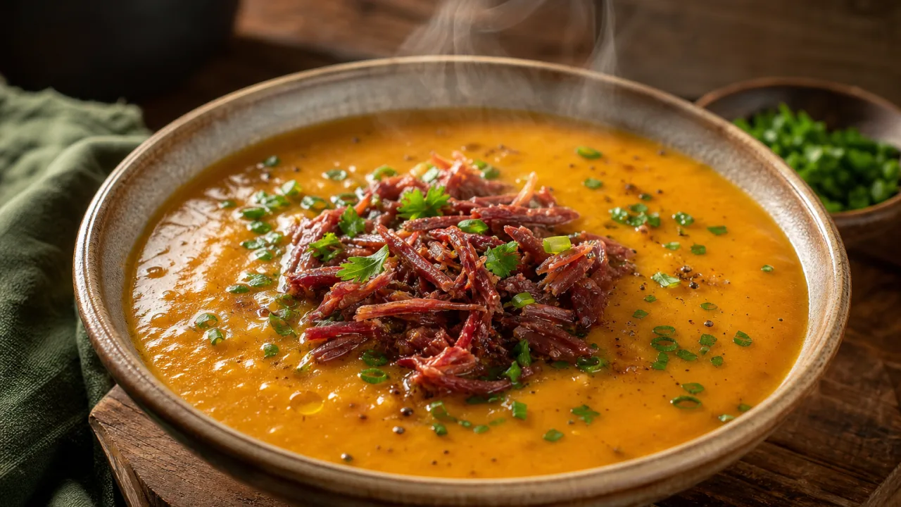 Caldo de abóbora cremoso com carne seca em tigela rústica, com salsinha e cebolinha frescas