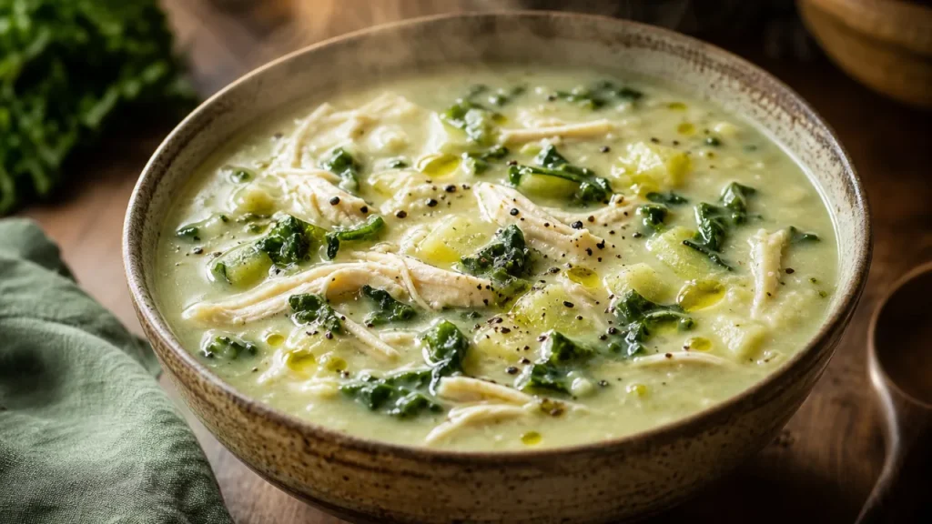 Caldo cremoso de chuchu com frango, couve e textura aveludada em tigela rústica